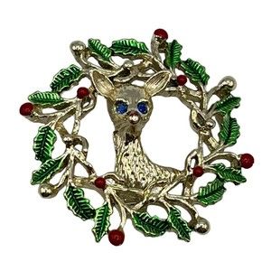 Signed Christmas Wreath Reindeer Brooch Gold Tone 1.5" Enamel Vintage Jewelry